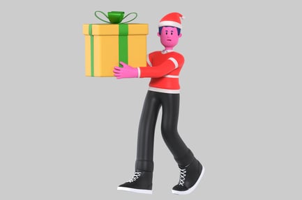 Preview: A festively dressed cartoon character holds a large gift box.