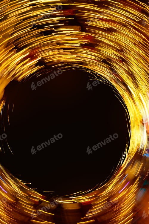 Preview: Abstract round texture of golden neon lights in motion, black empty copy space