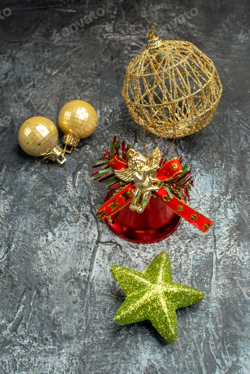 Preview: front view christmas tree toys with bell on light-grey background holiday color xmas new year photo