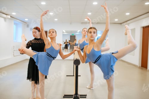Preview: Teacher and ballerinas, exercise at barre in class