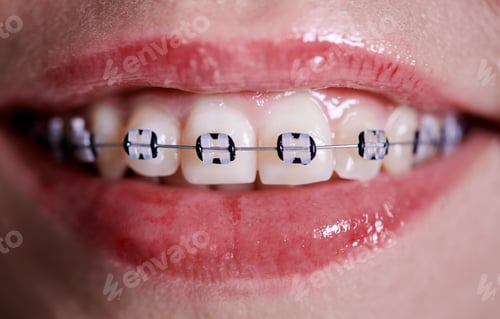 Preview: Macro snapshot of white teeth and ceramic braces with colorful rubber bands on them