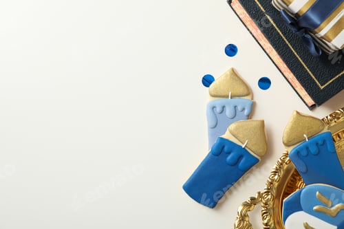 Preview: Gingerbread cookies, gift box and book on white background, space for text