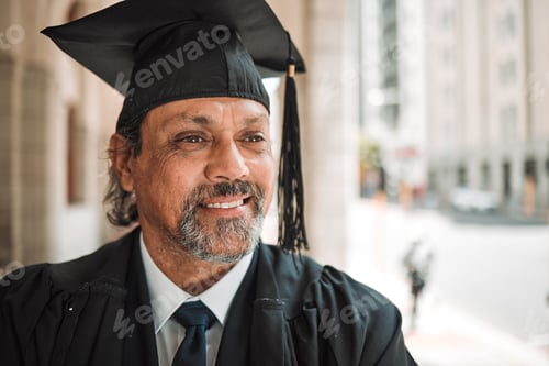 Preview: Senior man, graduate of law and smile outdoor, academic achievement and education in the city. Male