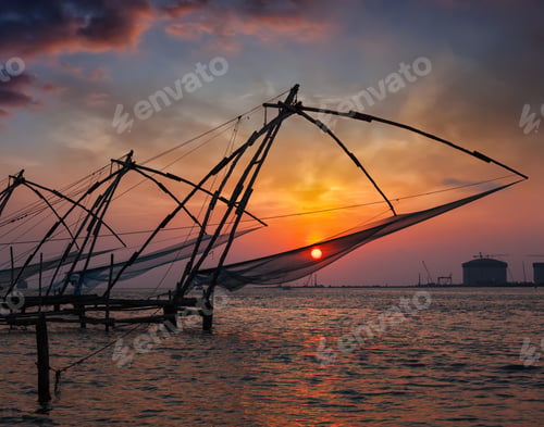 Preview: Chinese fishnets on sunset. Kochi, Kerala, India