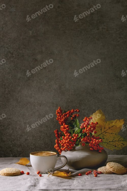 Preview: Autumn coffee with yellow leaves