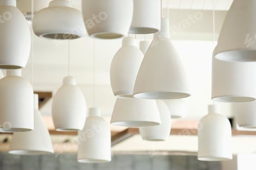 Preview: White Lighting Fixtures, pendant lights of varying sizes and shapes