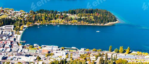 Preview: An Aerial View of Queenstown Botanical Gardens, Queenstown Bay and Lake Wakatipu, South Island, New