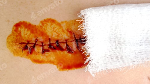 Preview: Medical sutures, stitch after surgery, stitched surgical sutures on human body smeared betadine.