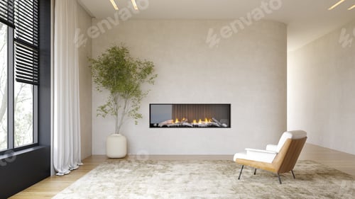 Preview: Cozy Interior with Fireplace and Modern Chair