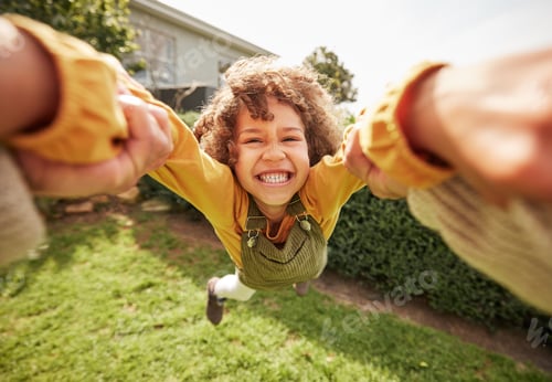 Preview: Kid, spin and outdoor in pov, holding hands and happy for game with parent, holiday or backyard. Ex