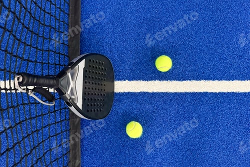 Preview: Padel tennis racket. Background with copy space. Sport court and balls.