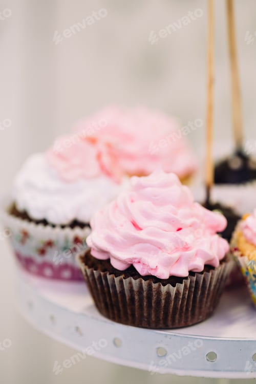 Preview: Dessert Sweet Cupcakes, Candy, confection On Table. Sweets. Cand