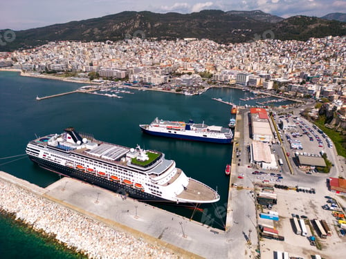 Preview: Aerial view cruise ship in port of Kavala. Visitors can enjoy breathtaking panoramas of the city's