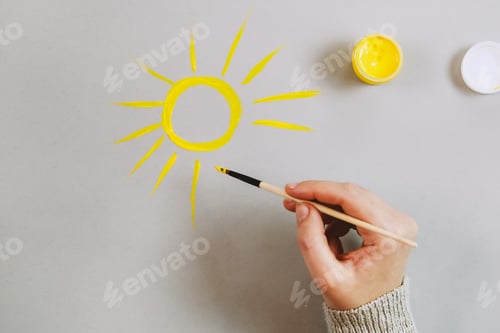 Preview: Yellow and gray color. Hand drawing sun.