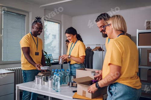 Preview: Group of multiracial volunteers working in community charity donation center