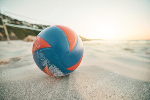 Preview: Beach sand, ball and volleyball games at tropical ocean, sunshine nature and sea landscape in Miami