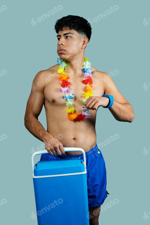 Preview: Man wearing hawaiian lei holding portable cooler getting ready for beach party