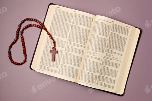 Preview: A symbolic Christian composition with Holy Bible land a cross on violet background