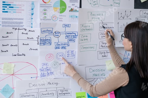 Preview: Young financial analyst pointing at papers with charts on blackboard