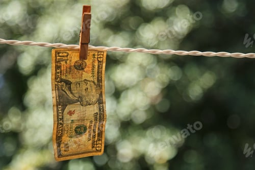 Preview: Selective focus shot of a banknote hung from a wire with a clothespin