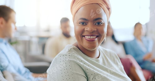 Preview: Business, black woman portrait and creative worker in a meeting with a smile about work. Office, gr