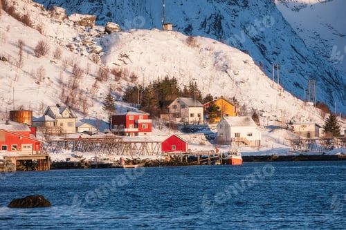 Preview: Colorful scandinavian village on coastline in winter