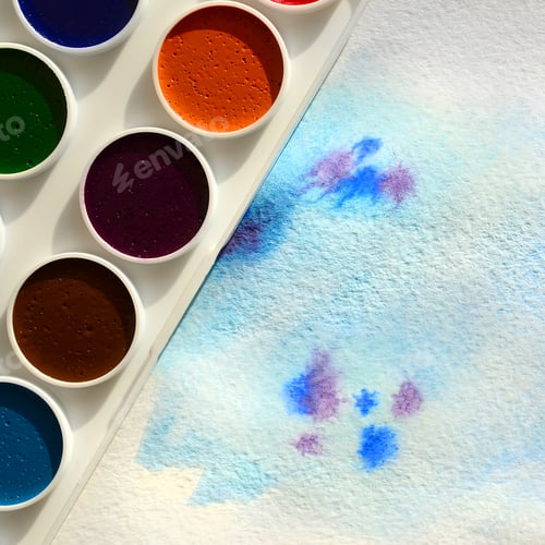 Preview: Watercolor Palette with Blue and Purple Paint Splatters