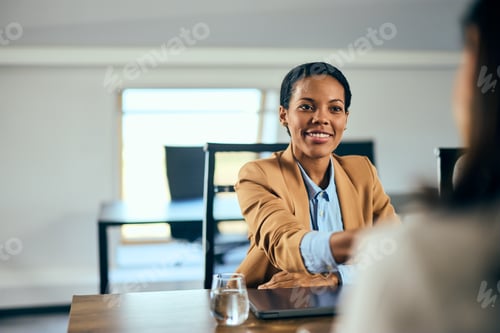 Preview: Focus on the African businesswoman having a meeting in the meeting room.