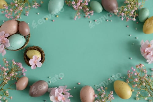 Preview: Pastel Easter Eggs and Flowers on Teal Background. Festive Spring Flatlay