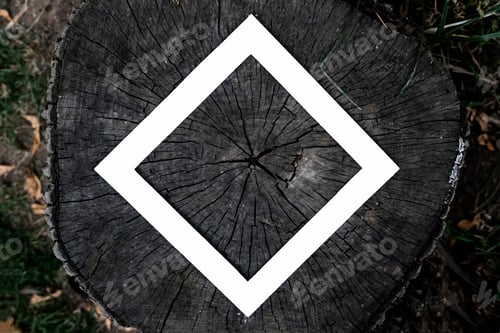 Preview: creative layout copy space with white card frame on a wooden cut tree texture top view f
