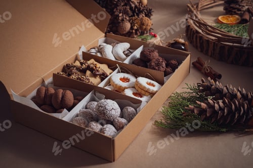 Preview: Closeup of the freshly baked various types of sweet and tasty Christmas cookies in a box
