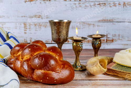 Preview: Shabbat shalom traditional Jewish ritual challah bread, wine and candles
