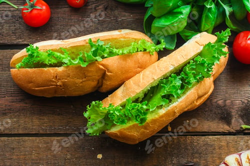 Preview: Sandwich With Lettuce Leaves And A Bun (No Meat). Top Food Background. Copy Space