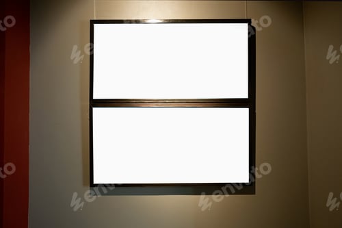 Preview: Blank picture frames on brown wall with glowing lamp, mock up