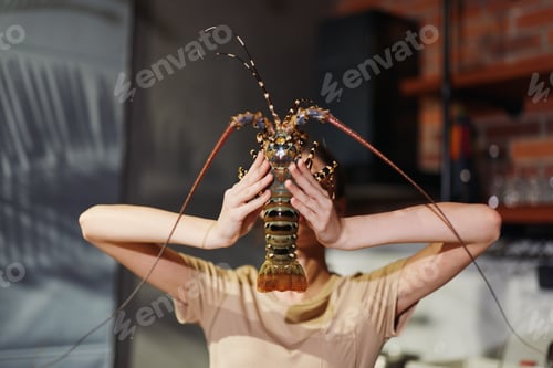 Preview: Person holding lobster up to face, eyes and mouth covered with hands, humorous seafood concept
