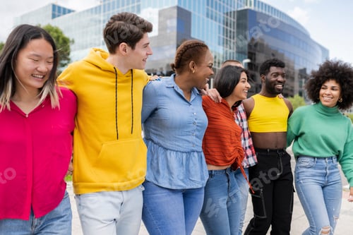 Preview: group of multiracial friends in the city