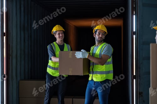 Preview: Worker carry carton box taken from 40 feet steel container on the trailer truck park at warehouse