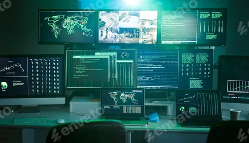 Preview: Control room monitoring surveillance video camera control city - Empty space dark room office