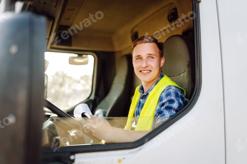 Preview: Truck driver job. Logistics - proud driver or forwarder on truck and trailer, on transshipment point