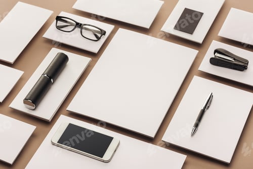 Preview: Empty sheets of paper, case, glasses, smartphone, pen and stapler on beige background