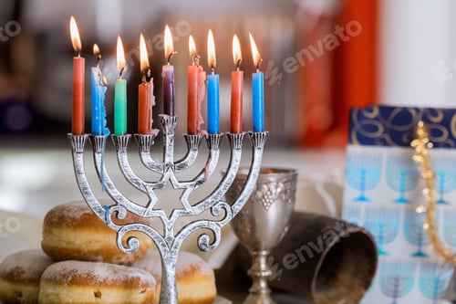 Preview: Hanukkah celebration Judaism tradition family religious holiday symbols lighting hanukkiah menorah