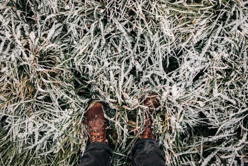 Preview: Person with brown shoes and jeans standing on the frozen grass
