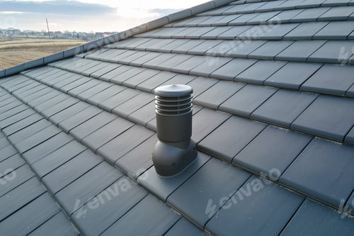 Preview: Closeup of ventilation pipe on house roof top covered with ceramic shingles. Tiled covering of