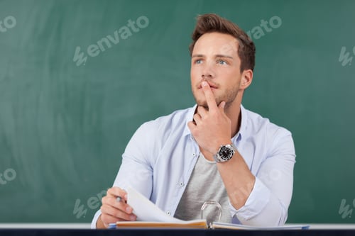Preview: Thoughtful Young Man Sitting With Book In Front Of Chalkboard