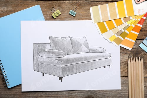 Preview: Sketch of sofa and stationery on wooden table, flat lay