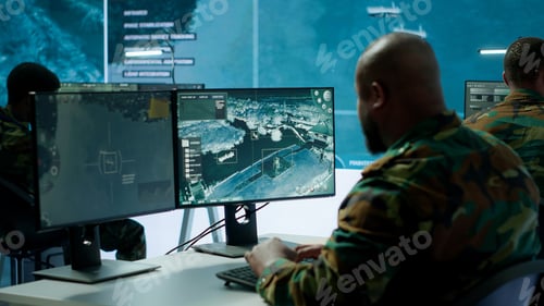 Preview: Military crew in a high tech operations command post managing information