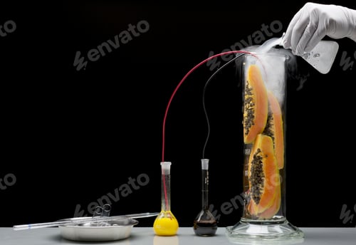 Preview: Scientist hand in glove experimenting on fruit