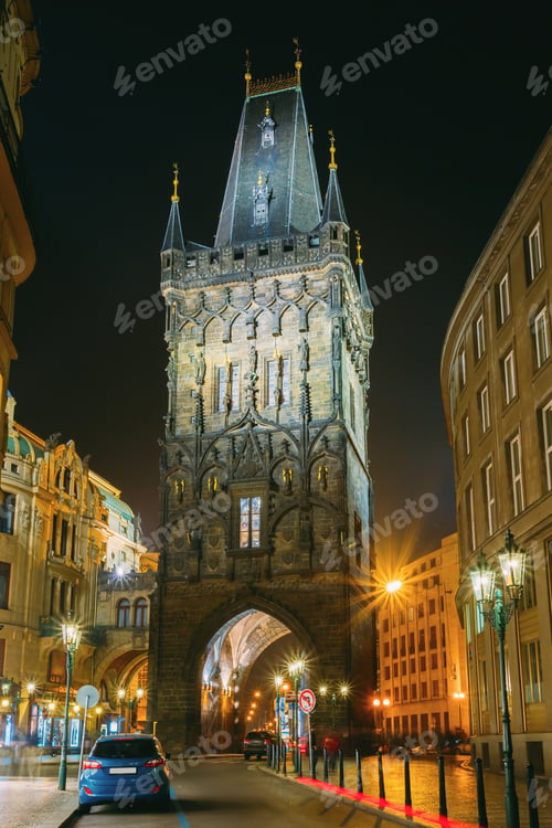 Preview: Prague, Czech Republic. Night View Of The Powder Tower Or Powder