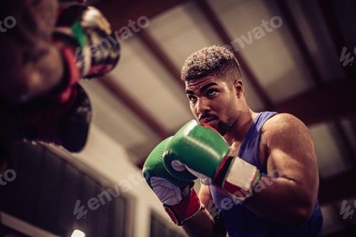 Preview: Focused boxer training with punching bag in a gritty gym