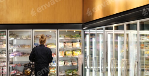 Preview: Woman Choosing Frozen Food From A Supermarket Freezer. Purchasing A Packet Of Meat At The